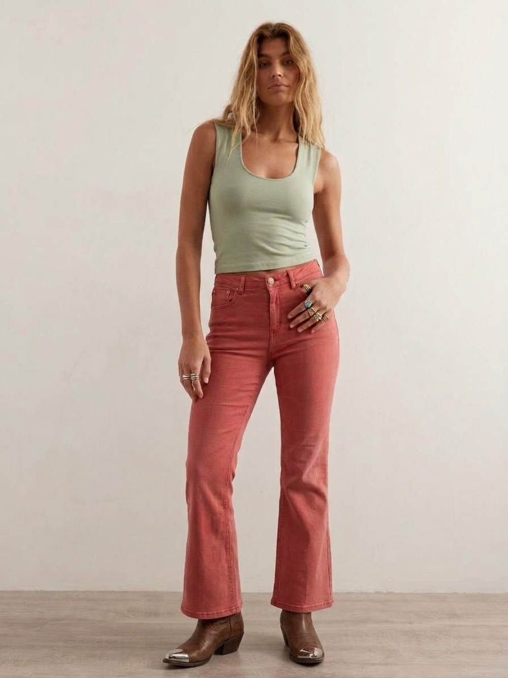 Free People Coral Red Flare Pants Sz 31 High Rise Bell Bottom Stretch Clay Rose